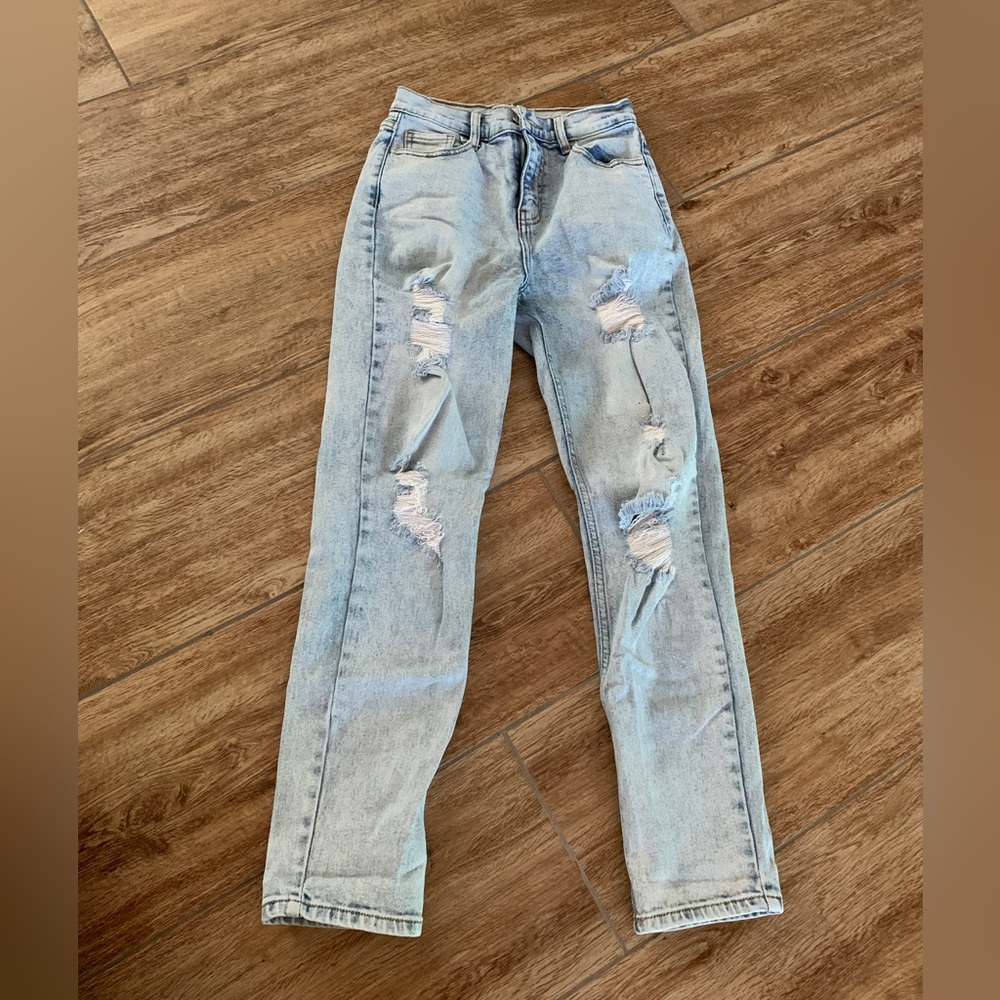 Cello - High rise straight leg jeans with distressing and light wash - Size 3